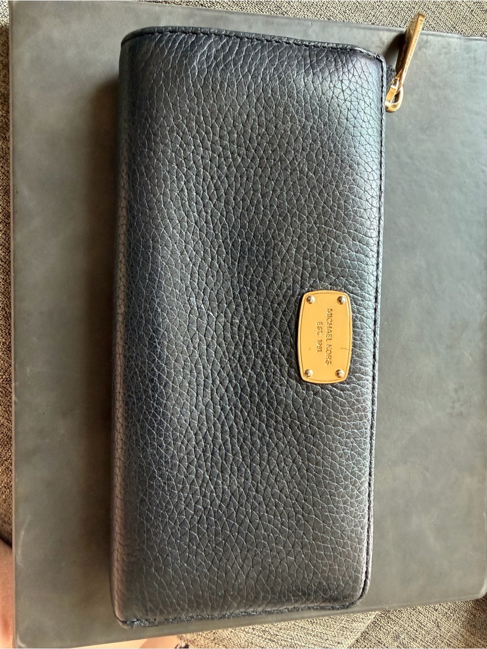 Michael Kors Black Leather Zip-Around Wallet with Gold Plaque